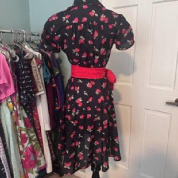 Unique Vintage Black & Strawberries Wrap Dress - Picture 2 of 3